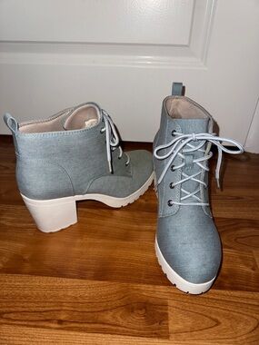 Call It Spring Denim Boots Lace Up Booties with a Chunk Heel in Light Blue